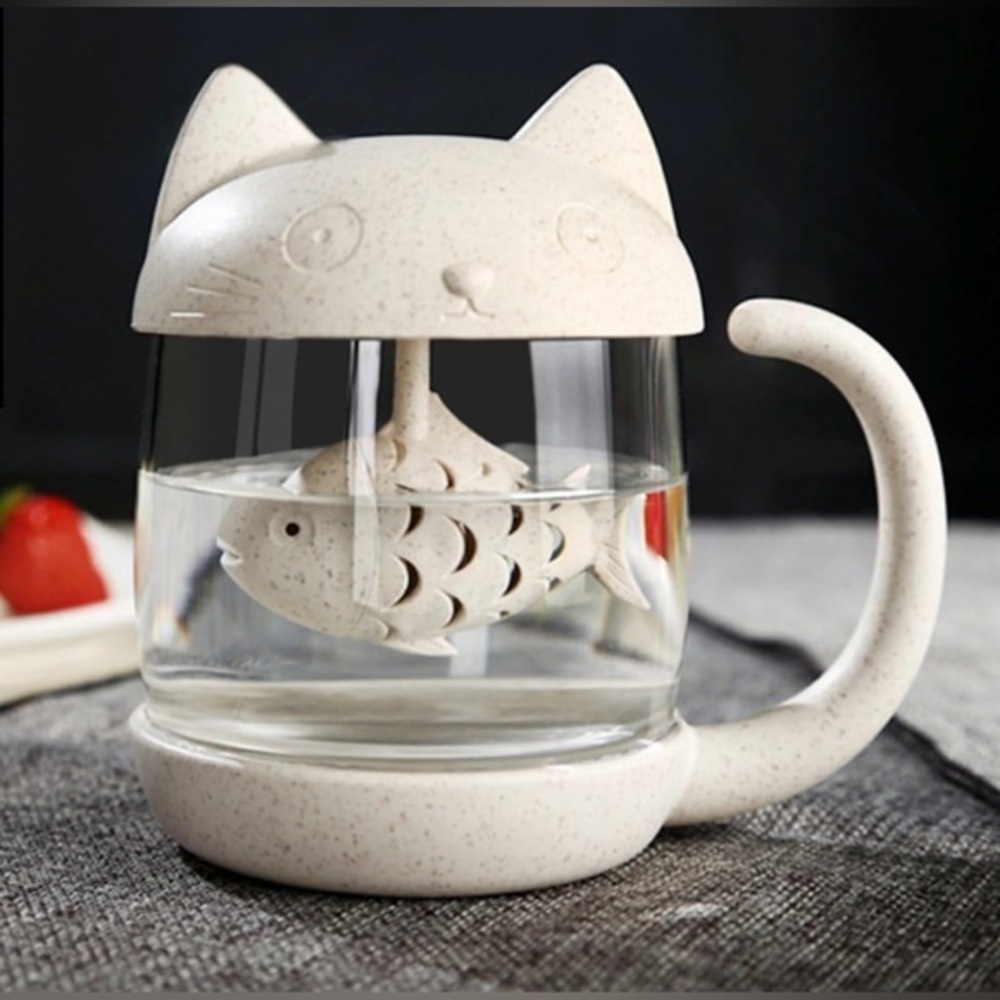 Cute Cat Glass Cup Tea Mug With Fish Tea Infuser Strainer Filter - Picture 2 of 13